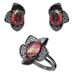 Комплект "Августина" фианит "турмалин"красно - желтый, черная эмаль, размеры кольца: 17