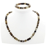 Комплект из бежево-коричневого агата, "Инки", бусы+браслет, бусы 53..59см, браслет 19см